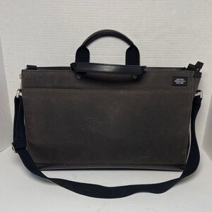 JACK SPADE Waxwear Brown Canvas Black Leather Slim Briefcase Shoulder Strap EUC